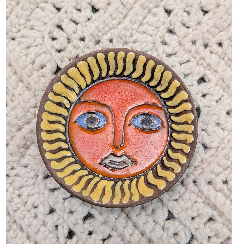 Vintage FF Japan Sun Face Ceramic Trinket Dish Orange Yellow Celestial Pottery